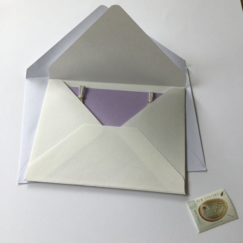 the colour shared envelope is shown sitting on top of the postal envelope with a stamp on the side